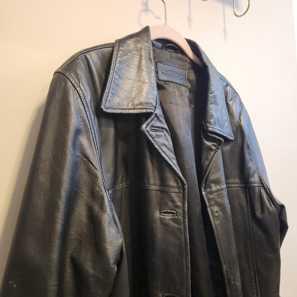 Vintage 90s Oversized Black Leather Jacket Trench - Picture 2 of 4